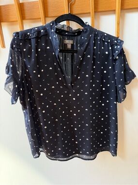 J. Crew Navy Polka Dot Ruffle Sleeve Top